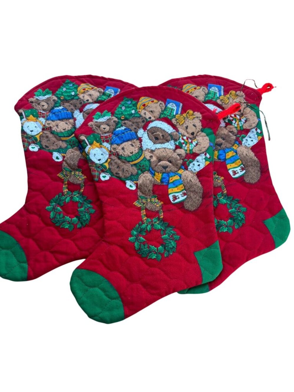Set of 3 VINTAGE Handmade Holiday Bear Fabric Christmas Stockings 18" Tall-READ
